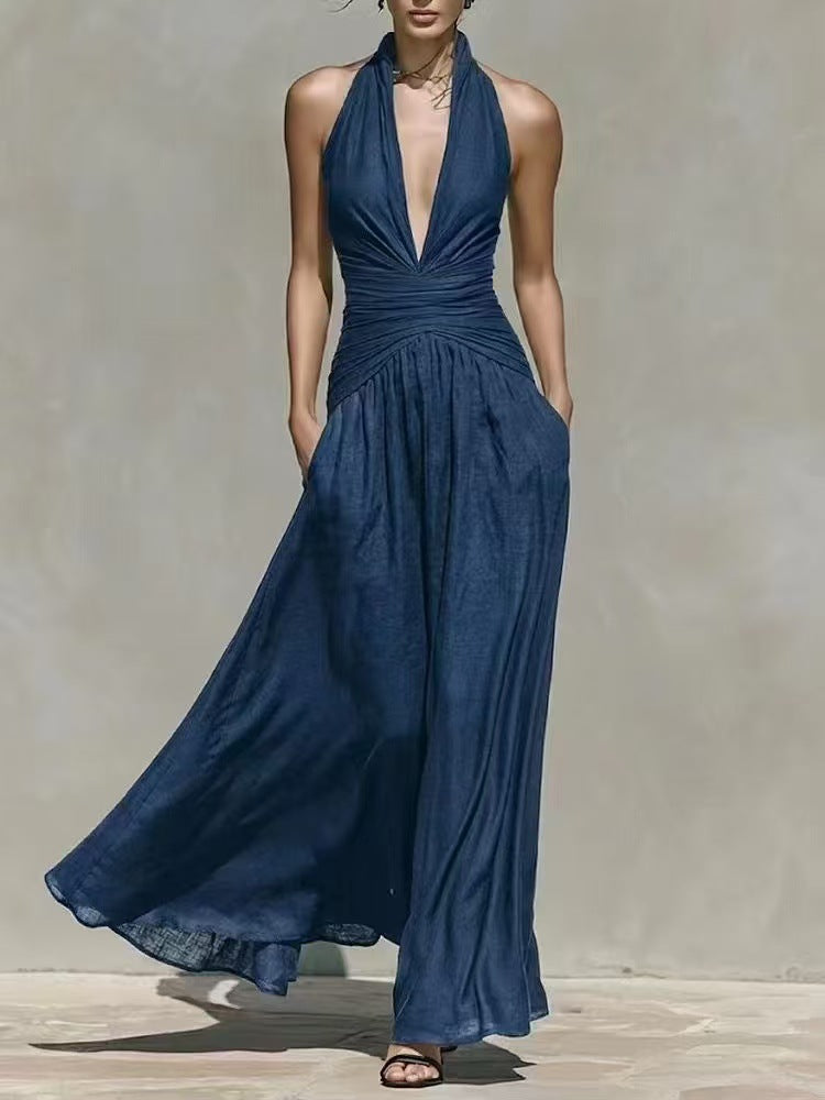 Elegant Halter Neck Deep V-Neck Dress