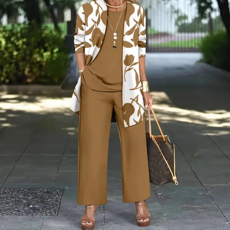 Womens Casual Printed Long Sleeve Cardigan Top and Pants Set