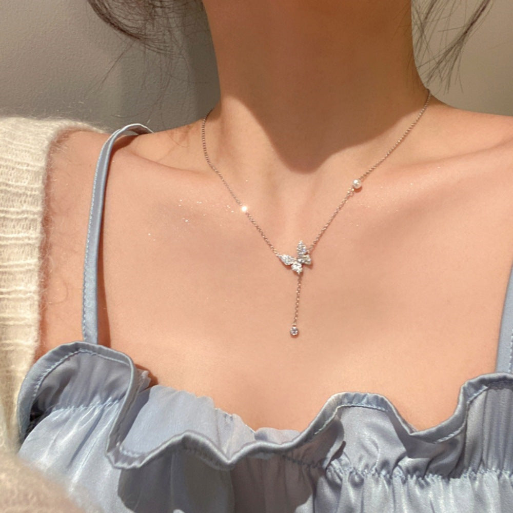 S925 Sterling Silver Aquamarine Butterfly Necklace
