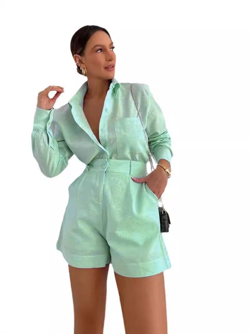 Womens Loose Solid Color Casual Shirt High Waist Shorts Two Piece Set